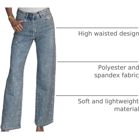 Womens Rhinestone Jeans Baggy High Waisted Sparkly Denim Pants Y2K Streetwear - Picture 4 of 6